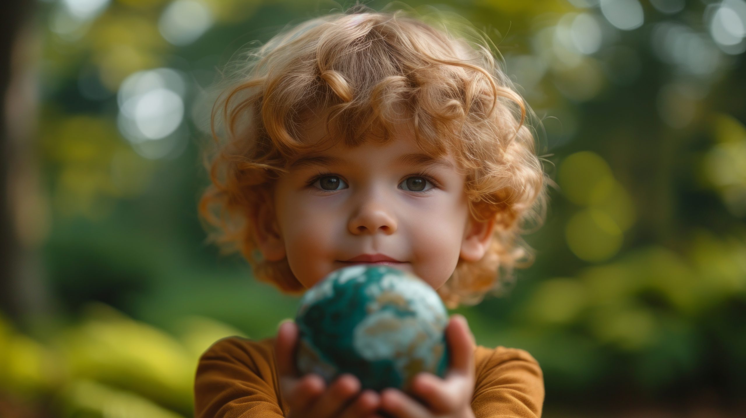 Małe dziecko trzymające kulę ziemską w dłoniach jako symbol troski o planetę i obrony życia na Ziemi.