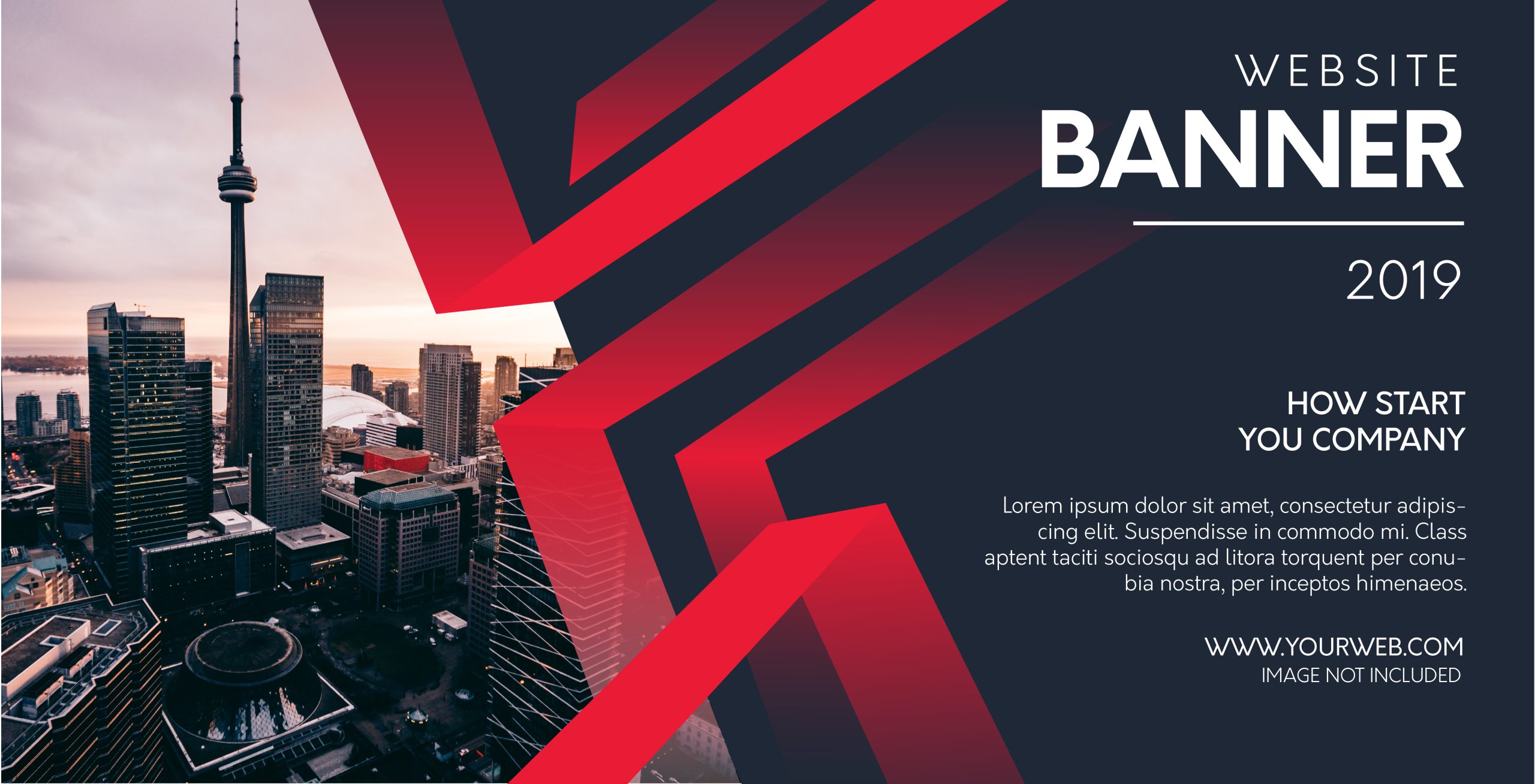 Projekt graficzny przedstawiający nowoczesny szablon baneru internetowego z abstrakcyjnymi, czerwonymi elementami geometrycznymi na tle ciemnej panoramy miasta z wieżowcami. Jest to przykład designu, jaki mogą mieć profesjonalne banery reklamowe Warszawa dla firm.
