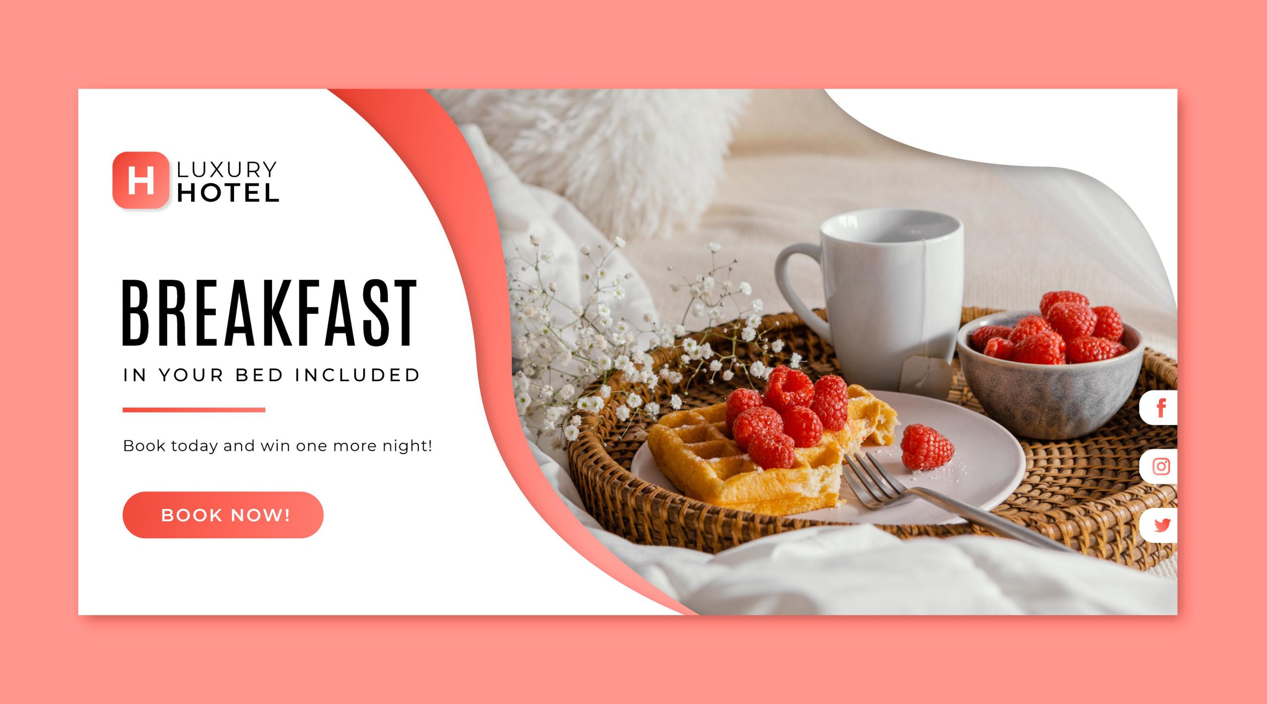 Promocyjna grafika hotelowa z napisem "Breakfast in your bed included", przedstawiająca tacę z goframi, malinami i herbatą na łóżku. Ten styl graficzny często wykorzystują banery reklamowe Warszawa w branży hotelarskiej i turystycznej.