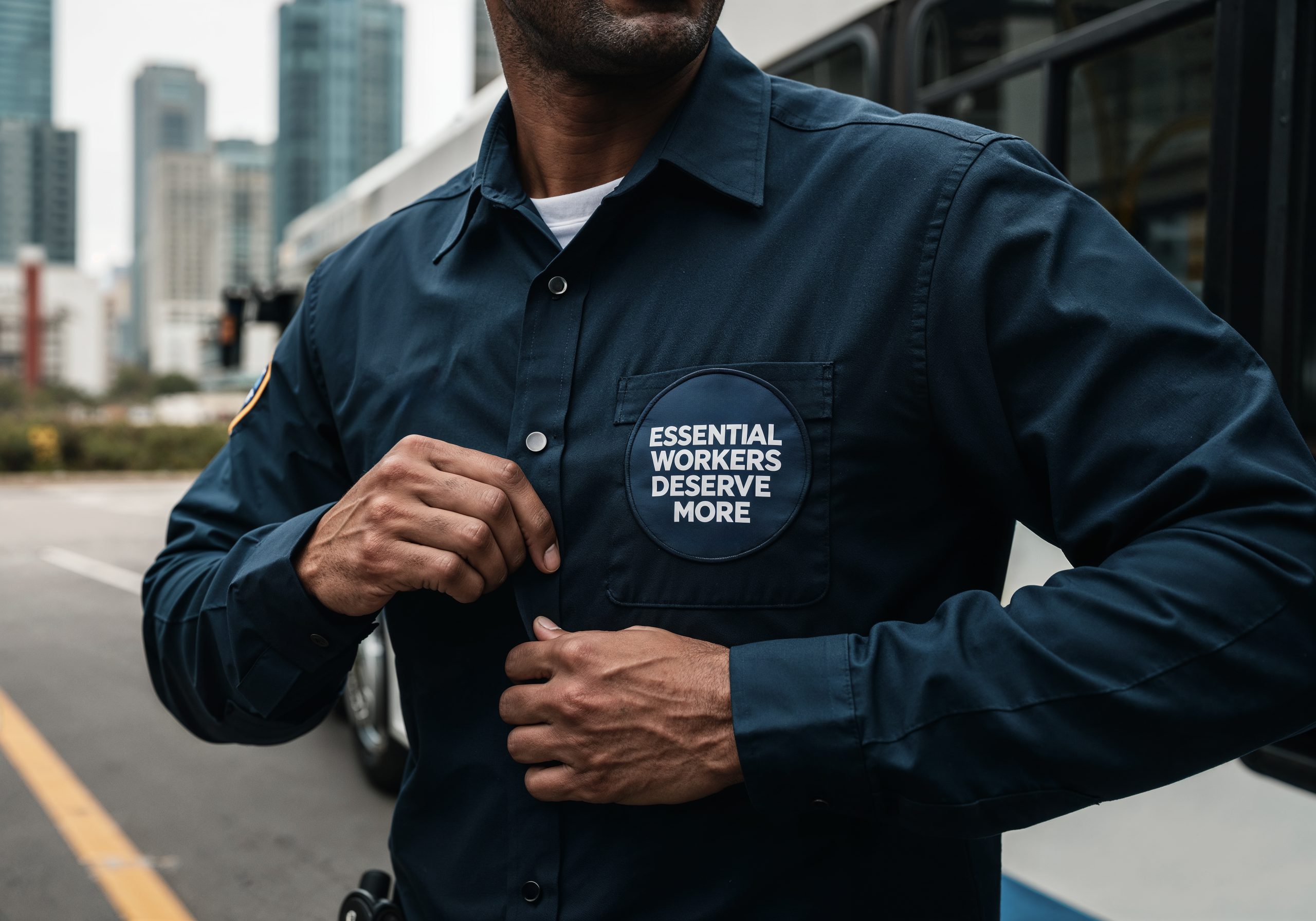 Zbliżenie na pracownika zapinającego granatową koszulę, stanowiącą przykład profesjonalnej odzieży roboczej z logo w formie okrągłej naszywki z napisem na kieszeni piersiowej.